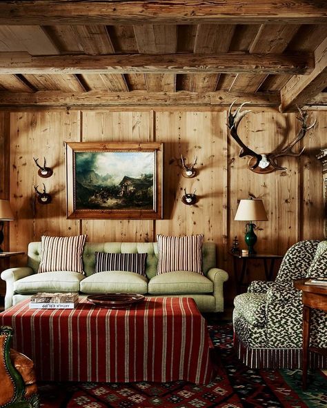 House & Garden on Instagram: “A fairytale Alpine chalet masterfully designed by Tino Zervudachi. The ground-floor living areas have been designed with comfortable, rural…” Alpine Lodge, Lodge House, Alpine Chalet, Checkered Tablecloth, Chalet Design, Little Cabin, Style Deco, Cozy Fireplace, Cabin Style
