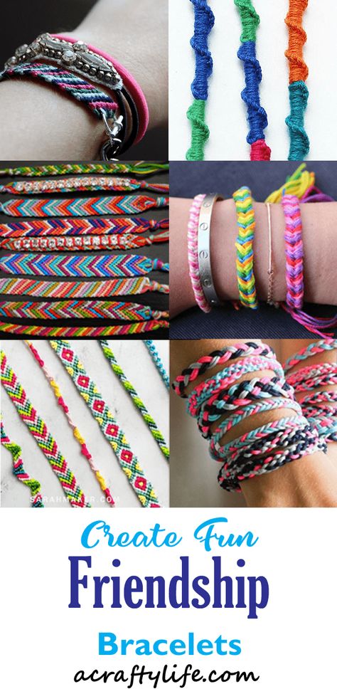 49 Different Types of Friendship Bracelets to Make - A Crafty Life Bracelet Crafts, How To Tie Friendship Bracelets, Different Types Of Friendship Bracelets, Types Of Friendship Bracelets, Friend Ship Bracelets Patterns, Bracelets Yarn, Bracelet Braiding, Yarn Friendship Bracelets, Bracelets Crafts