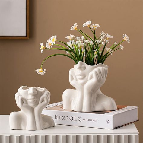 The vase is handmade from high-quality a-grade ceramics, white in color, the bottle surface is smooth, full of artistic flair, showing you a simple, elegant, modern boho style. Office Bookshelf Decor, Traditional Vases, Ideas Habitaciones, Ceramic Face, Boho Vase, Face Vase, Half Body, White Ceramic Vases, Keramik Vase