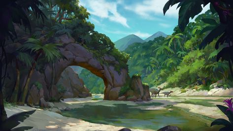 ArtStation - Jurassic river, Poulsta Star Dino Run, Dino Island, Pirate Illustration, New Fantasy, Island Art, Game Concept Art, Fantasy Art Landscapes, Fantasy Illustration, Tropical Islands