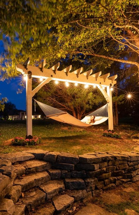 Make Your Own Pergola, Double Hammock Stand Diy, Hammock Patio Ideas, Outdoor Projector Screen Stand, Backyard Hammock Oasis, Half Pergola Ideas, Hammock Pavilion, Pergola Ideas Attached To House, Outdoor Projector Ideas