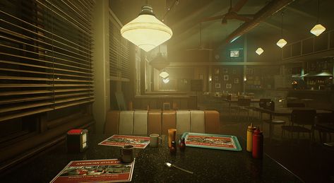 ArtStation - Ed's Diner, Carl Shedd Apocalypse Ideas, Mafia Game, Thumbnail Background, Hail Hydra, Gacha Backgrounds, Detective Aesthetic, Retro Office, Scary Games, Restaurant Concept