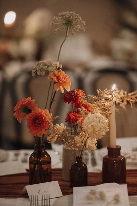 Less Flowers Wedding Decor, Multi Colored Candles Wedding, Candlelit Fall Wedding, Desert Sunset Wedding Theme, Table Decorations Fall Wedding, Fall Sweetheart Table Wedding Decorations, Fall Wedding Whimsical, Fall Pergola Decorations Wedding, Amber Vase Wedding Centerpiece