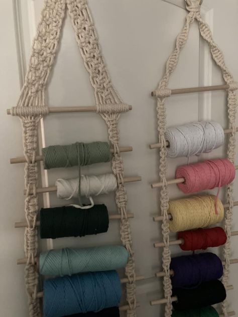 Cord Storage Macrame Cord Storage Ideas, Macrame Cord Storage, Macrame Workshop Ideas, Macrame Storage Ideas, Macrame Work Station Setup, Macrame Stand Diy, Yarn Storage Ideas, Macrame Storage, Macrame Studio