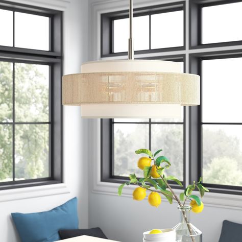 Beachcrest Home Reenat 5 - Light Dimmable Drum Chandelier & Reviews | Wayfair Modern Coastal Lighting, Drum Chandelier Dining Room, Coastal Dining Room Lighting, Chandelier Dining Room Modern, Beachy Chandelier, Drum Design, Drum Shade Chandelier, Shaded Chandelier, French Contemporary