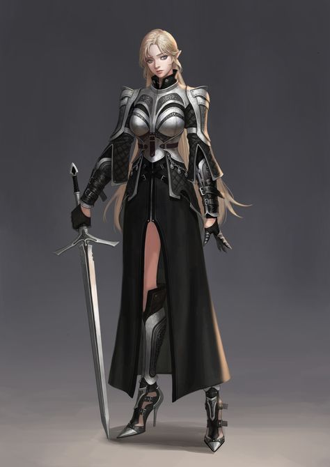 Knight by Kim Ji Hyun Elf Greatsword, Greatsword Character, Anime Knight Female, Knight Female, Anime Knight, Female Armor, Female Character Concept, Armadura Medieval, Ji Hyun
