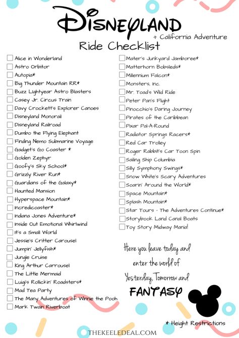 Disneyland Ride Checklist updated for 2019. This free printable list of rides at Disneyland and California adventure is perfect for your Disney Trip #Disney #Disneyland #California List Of Disneyland Rides 2023, California Adventure Rides List, Disneyland Must Do List, Disneyland Budget Worksheet, Disneyland To Do List, Disneyland Things To Do, Disneyland And California Adventure In One Day, Disneyland Planning Printables, Disneyland Planning 2023