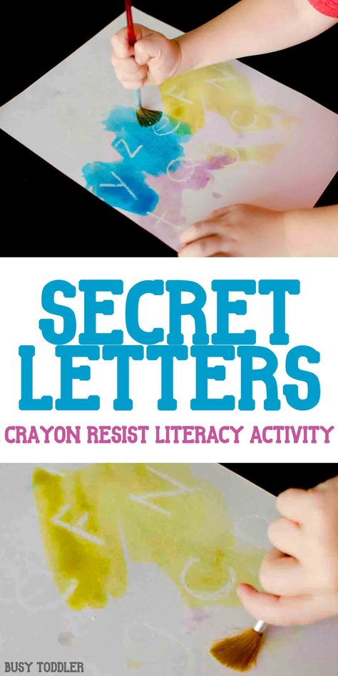 Secret Letters Activity: an awesome crayon resist literacy activity that's so much fun! A quick and easy indoor activity for toddlers and preschoolers; alphabet activity Writing Letters Preschool Activities, Relatives Preschool Activities, Reggio Alphabet Activities, Muddy Puddles Activities, Tracing Letters Preschool Activities, Pre K Letter Crafts, Rainforest Activities Preschool Science Experiments, Outdoor Abc Activities, Literacy Table Preschool