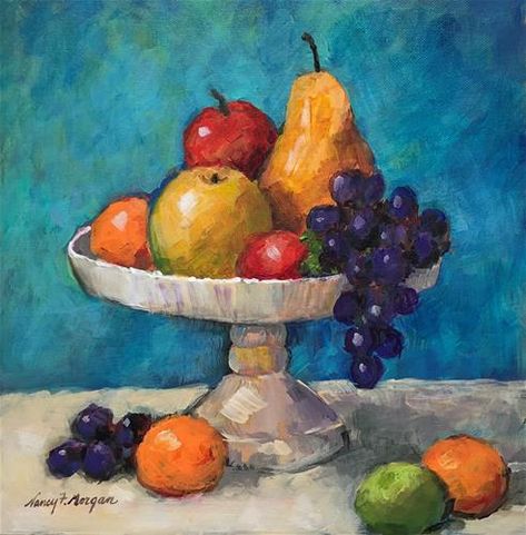 Fruits Painting Ideas, Still Life Of Fruits, Drawing Fruit Basket Art, Nancy Morgan Paintings, Art Fruit Drawing, Painting Fruit Acrylic, Fruit Composition Drawing, Acrylic Painting Fruits, Fruit To Paint