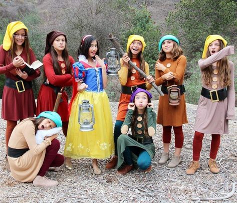Snow White And The 7 Dwarves Costume, Groups Of 8 Halloween Costumes, Snow White And The Seven Dwarfs Halloween Costume, Snow White Family Halloween Costumes, Group Fairytale Costumes, Snow White Group Costume Ideas, Snow White And The 7 Dwarfs Costumes, Groups Of 7 Halloween Costumes, Group Theme Halloween Costumes