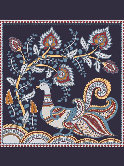 Square composition with a bird and a flower branch. Indian style. Kalamkari. by Skaska Figurine, Indian Classical Paintings, Kalamkari Flower Designs, Kalamkari Art Paintings, Kalamkari Painting Kalamkari Painting Design, Kalamkari Painting Traditional, Traditional Indian Prints, Kalamkari Motifs, Kalamkari Design