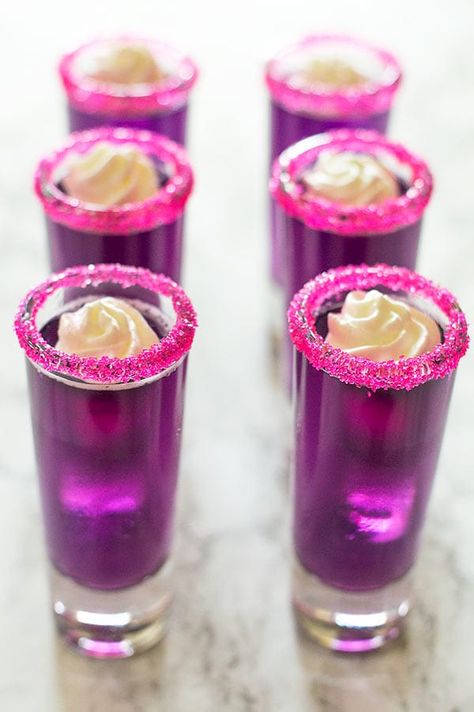 Candy-Sweet Jello Shots with Triple Sec Whipped Cream Purple Dessert Shooters, Shots With Triple Sec, Shots With Whipped Cream, Garden Party Ideas For Adults, Yummy Shots, Strawberry Shots, Triple Sec Cocktails, Jello Shots Vodka, Halloween Jello Shots
