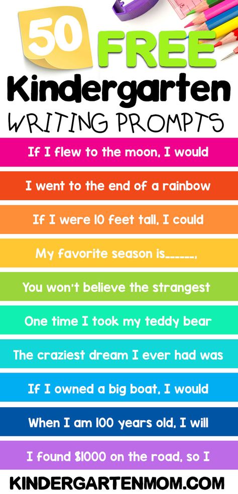 50 FREE Kindergarten Writing Prompts for kids!  These free story starters will inspired your kindergarten students to finish the story in their own writing journals. These are great for daily writing practice. Kindergarten Mom, Kindergarten Journals, Preschool Journals, Journal Prompts For Kids, Kindergarten Writing Prompts, Story Starter, Homeschool Writing, Daily Writing Prompts, Writing Prompts For Kids