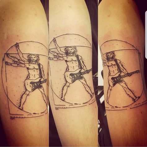 Electric Guitar Tattoo For Men, Guitar Tattoo For Men, Vitruvian Man Tattoo, Da Vinci Vitruvian Man, Lefty Guitars, Tattoo For Men, Guitar Tattoo, Vitruvian Man, Guitar Photography