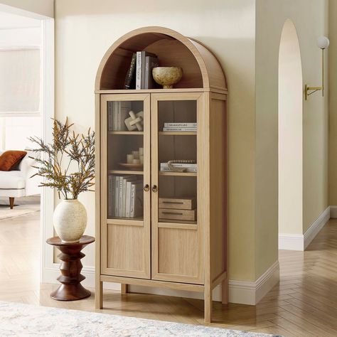 Sunny Designs Arched Display Cabinet with Doors - Bed Bath & Beyond - 39845411 Colored Bookshelf, Arched Storage, Outdoor Interior Design, Oak Display Cabinet, Arched Design, Dining Room Cabinet, Glam Furniture, Walnut Cabinets, Vintage Aesthetics