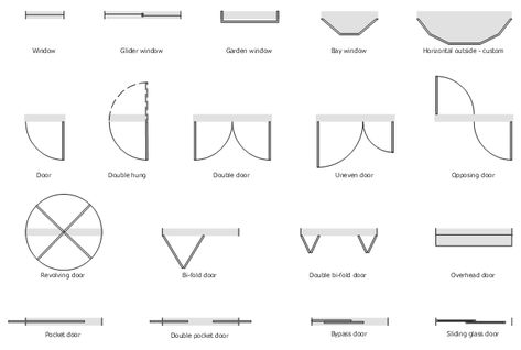 Double Hung Door, Pocket Door Floor Plan, Sliding Door Floor Plan, Door Floor Plan, Double Swing Door, Bypass Sliding Doors, Window Casement, Floor Plan Symbols, Architecture Symbols