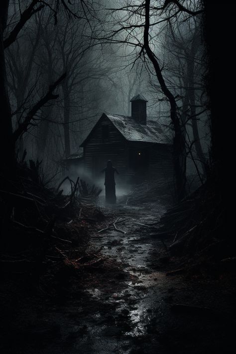Cabin In The Woods Aesthetic, Scary Woods, Haunted House Drawing, Creepy Woods, Dark Mountains, Scary Houses, Mountain Aesthetic, Creepy Houses, Dark House