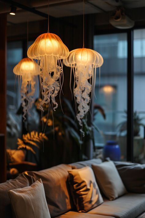 Jellyfish Ceiling Light, Ocean Themed Interior Design, Cool Hanging Lights For Bedroom, Jellyfish Hanging Lights, Aquarium Themed Room, Jellyfish Lamp Diy, Shark Lights, Jellyfish Lampshade, Mushroom Chandelier