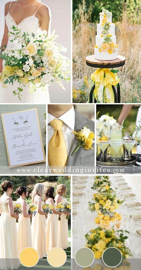 7 Summer Yellow Wedding Color Combos Ideas to Love – Clear Wedding Invites Wedding Color Yellow Schemes, Pale Yellow And Sage Green Wedding Theme, Lemon Colour Wedding Theme, Winter Wedding Yellow, Yellow And Ivory Wedding, Dusty Yellow Wedding, Yellow Color Wedding Theme, Yellow And Olive Green Wedding, Ivory And Yellow Wedding