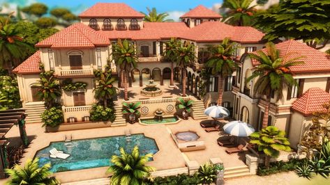 Sims 4 Mansion, Minecraft Pool, Mediterranean Room, Sims 4 No Cc, House Mediterranean, Sims 4 Cc Download, Big Mansions, Mediterranean Mansion, Muebles Sims 4 Cc