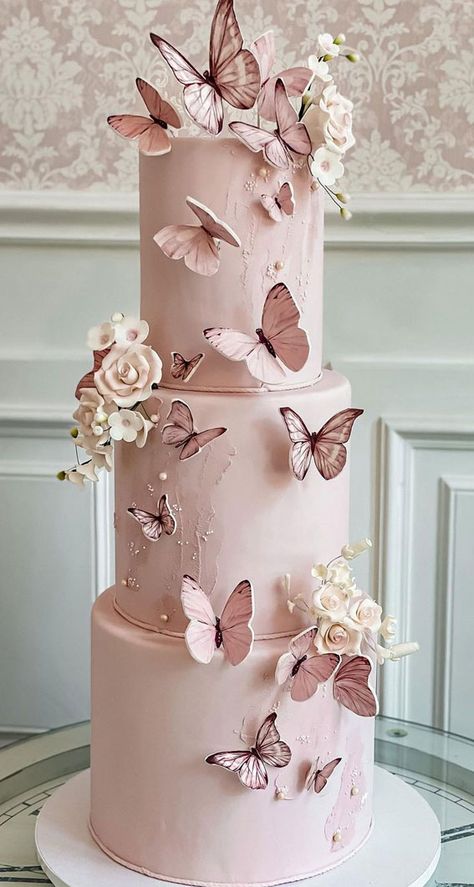 Pink Butterfly Quinceanera Cake, Quinceanera Butterfly Cake, Pastel Butterfly Cake, Gold Butterfly Cake, Pink Butterfly Cake, Butterfly Wedding Cake, Quince Cakes, Quince Cake, 15th Birthday Cakes