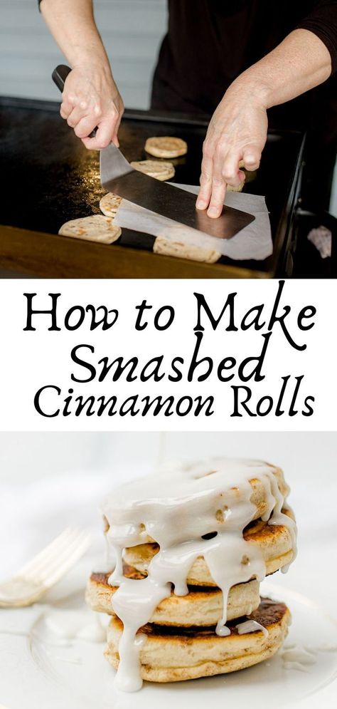 Photo 1: smashing canned cinnamon rolls on a Blackstone Griddle with a griddle spatula and a piece of parchment paper.  Photo 2: a tower of smashed cinnamon rolls stacked tall with white icing dripping off the top and down the sides. Smashed Cinnamon Rolls, Camping Cinnamon Rolls, Pilsbury Cinnamon Rolls, Cinnamon Roll Pancakes Easy, Pillsbury Cinnamon Roll Recipes, Cinnamon Roll Pancakes Recipe, Outdoor Griddle Recipes, Make Cinnamon Rolls, Griddle Cooking Recipes