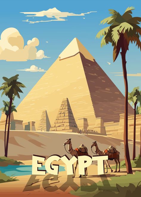 'Pyramids of Giza Egypt' Poster by Mounier Wanjak | Displate Egypt Digital Art, Pyramids Egypt Aesthetic, Egypt Poster Design, Pyramid Illustration, Egypt Painting, Child Draw, Egypt Crafts, Egypt Poster, Pyramid Of Giza