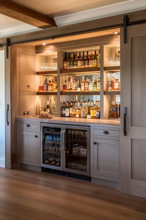 85 Creative DIY Bar Shelf Ideas You'll Love (2024) Bar Shelf Lighting Ideas, Built In Home Bar Designs, Alcohol Area In Home, Service Bar Design, Living Room Bar Cabinet Built Ins, At Home Snack Bar, Home Bar With Floating Shelves, Hidden Home Bar Ideas, Built In Dry Bar Ideas