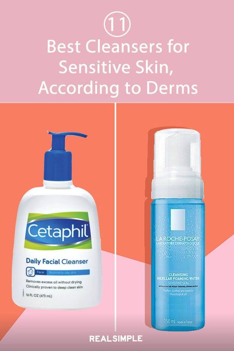 11 of the Best Cleansers for Sensitive Skin, According to Derms | Dermatologists share their favorite sensitive skin cleansers for different skin types, like for those with eczema, prone to acne, dry skin, and more. Click here for the full list of derm recommended cleansers and other skin care tips. #beautytips #realsimple #skincare #makeuphacks Daily Skin Care Routine For Sensitive Skin, Best Face Wash For Sensitive Skin, Best Skin Care Routine For Sensitive Skin, Face Cleanser For Sensitive Skin, Best Facial Cleanser For Dry Skin, Sensitive Skin Care Routine Acne, Best Cleansers For Dry Skin, Sensitive Skin Cleanser, Best Cleanser For Sensitive Skin