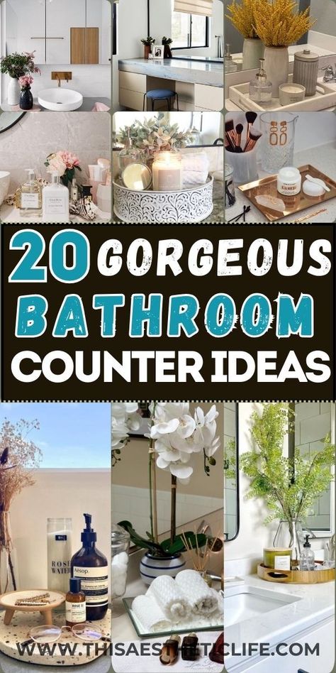 20 Incredibly Chic Bathroom Counter Decor Ideas - This Aesthetic Life Bathroom Decor With Double Sinks, Bathroom Try Styling, Small Countertop Bathroom Decor, Modern Farmhouse Bathroom Counter Decor, Decor For A Bathroom, Decor For Bathroom Vanity, Soap Display Ideas For Bathroom, Bathroom Decor For Double Sink, Master Bath Counter Decor Bathroom Countertops