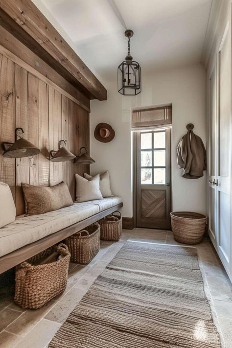 40 Mudrooms: Infusing Entryway Spaces with the Timeless Beauty of French Country Out In The Country Houses, Country House Ideas Interior, Bench In Mudroom Ideas, Ranch House Mudroom, Mudroom With Brick Wall, Interior Design Living Room Country, Mud Room Farmhouse Entryway, Luxury Mudroom Dream Homes, Farm Style Houses Interior