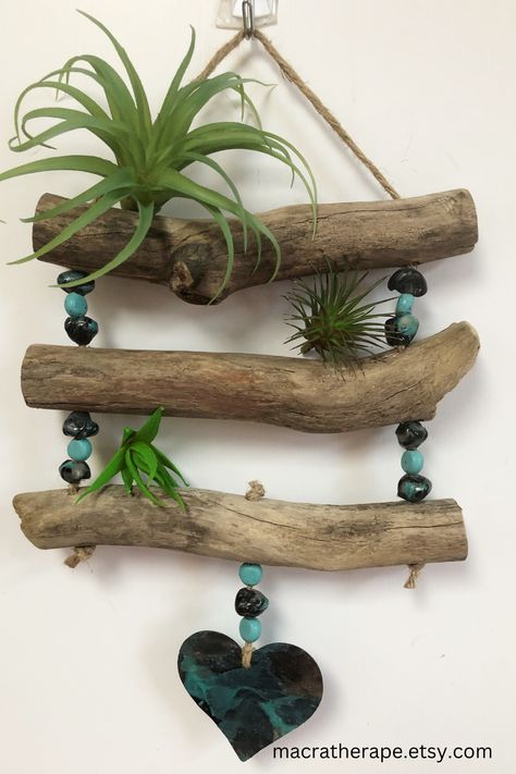 Driftwood Projects, Driftwood Air Plant, Plant Ladder, Driftwood Planters, Ladder Display, Airplant Wall, Air Plants Decor, Driftwood Art Diy, Plant Crafts