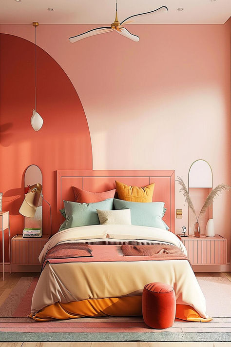 Minimalist bedroom with playful pink and yellow decor. Small Room Colour Ideas, Yellow And Pink Bedroom Ideas, Bright Bedroom Ideas Color Schemes, Color Blocking Bedroom, Colorful Master Bedrooms Decor, Pink And Yellow Decor, Bright Modern Bedroom, Bright Bedroom Ideas, Small Room Colors