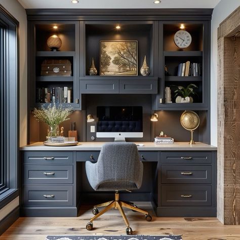 Built In Small Office, Office Wall Bookshelves, Home Office Off Entryway, Work From Home Office For Two, Small Built In Desk Ideas, Built In Desk Wall, Moody Office Decor, Home Office Built In, Built In Bookcase With Desk