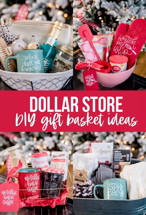 Use dollar store items to create beautiful, themed gift baskets. Personalize them with a Cricut for a finishing touch! Dollar Store Gift Basket Ideas, Baking Gift Basket, Relaxation Gift Basket, Dollar Store Gifts, Creative Gift Baskets, Homemade Gift Baskets, Dollar Tree Gifts, Breakfast Gift, Appreciation Gifts Diy