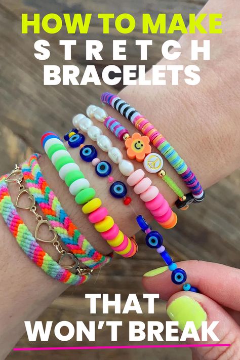 How To Make An Elastic Beaded Bracelet, Making Bracelets With Stretch Cord, Stretch Beaded Bracelet, How To Make Bracelets Easy Simple, Best String For Bracelet Making, Best Elastic For Stretch Bracelet, How To Measure For Bracelet Size, Bracelet Patterns Elastic, How To Size Stretch Bracelets