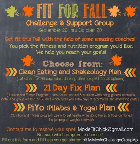 Fit for Fall Challenge and Support Group by MoxieFitChick.blogspot.com Fitness Challenge Ideas, Fall Fitness Challenge, Beachbody Challenge Group, Beach Body Challenge, Fall Challenge, College Workout, Team Beachbody Coach, Accountability Group, Fall Fitness