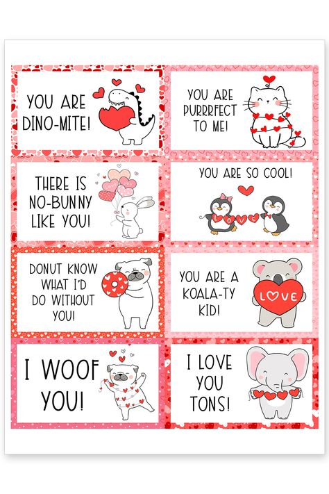 Download this free set of Valentine Lunch box notes. You get 16 free printable lunchbox notes for kids (or adults!) included in the set. These adorable Valentine’s Day designs will put a smile on your child’s face. Have a buyer? They’re still fun to print and leave on a pillow, at a breakfast seat, etc. Brighten up your kids day this February - perfect for the whole month, not just Valentine’s Day! Valentines Lunch Box Notes, Valentines Day Lunch Box Ideas, Cute Valentine Notes, Valentine’s Day Notes For Kids, Free Valentines Printables For Kids, Diy Valentines Cards For Kids Classroom Free Printables, Valentines Notes For Kids, Valentine’s Day Notes, Valentine’s Day Lunch For Kids