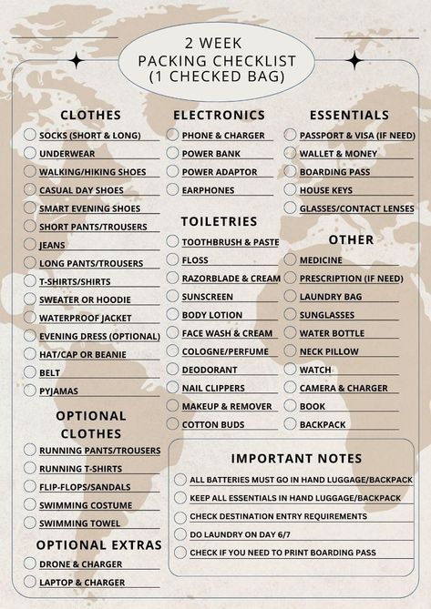 Packing List 2 Weeks Travel Packing Lists, Picnic Checklist Packing Lists, Pre Travel To Do List, 2 Week Trip Packing List Summer, 2 Week Travel Packing Lists, 2 Week Beach Vacation Packing, How To Pack Light For A Week, 2 Week Trip Packing List, 2 Week Packing List Summer