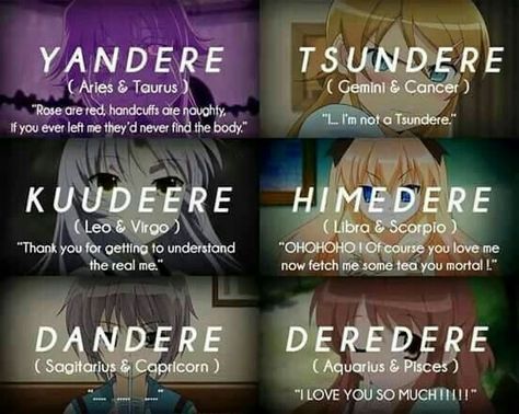 Yandere, Tsundere, Kuudere, Himedere, Dandere, Deredere, Anime characters, girls, crossover, Zodiac, text; Zodiac Signs Aquarius Anime Characters, Pisces Anime Characters, Zodiac Signs Anime, Anime Zodiac Signs, Anime Horoscope, Funny Zodiac Signs, Tatabahasa Inggeris, Zodiac Signs Pictures, Funny Zodiac