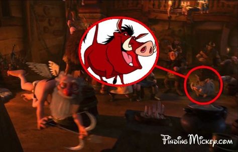 Pumbaa from The Lion King can be seen during the “I’ve Got a Dream” scene in Tangled. | 22 More Disney Movie Easter Eggs You May Have Never Noticed Disney Secrets, Easter Eggs In Movies, Films Disney, Disney Easter Eggs, Hidden Mickeys, Disney Theory, Disney Crossover, Disney Easter, Lilo Et Stitch