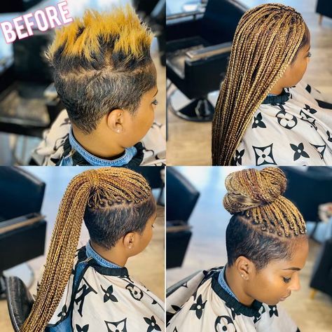 Reda on Instagram: “Box Braids On Short Hair  #atl #atlanta #atlhairstylist #atlantahairstylist #stylist #mua #braids #feedinbraids #cornrows #knotlessbraids…” Box Braids On Short Hair, Braids On Short Hair, Box Braids Shaved Sides, Braid Videos, Braids With Shaved Sides, Shaved Side Hairstyles, Shaved Hair Designs, Tapered Natural Hair, Tapered Hair