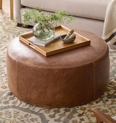 Bedroom Furniture | Rejuvenation Ottoman Decor Living Room, Ottoman Tray Styling, Leather Ottomans Living Room, Ottoman Coffee Table Decor, Ottoman As Coffee Table, White Leather Ottoman, Round Ottoman Coffee Table, Circle Ottoman, Round Leather Ottoman