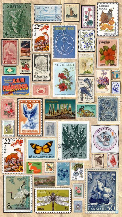 Postal Stamps Free Printable, Vintage Postcard Wallpaper, Postage Stamps Aesthetic, Aesthetic Stamps Printable, Vintage Postal Stamps, Old Stamps Vintage, Vintage Mail Aesthetic, Vintage Stamps Printable, Post Stamp Vintage