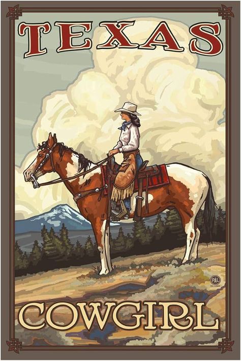 Amazon.com: Art of Place Texas Summer Cowgirl Giclee Art Print Poster from Original Travel Artwork by Artist Paul A. Lanquist 12" x 18": Posters & Prints Yellowstone Art, Montana Yellowstone, Montana Map, Summer Cowgirl, Vintage National Park Posters, Western Prints, Cowgirl Art, Travel Artwork, Southwest Art