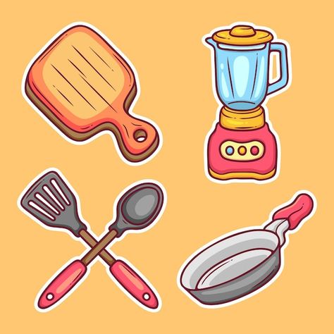 Kitchen Tools Drawing, Kitchen Tools Illustration, Vector Kitchen, Kitchen Tools And Equipment, Kitchen Elements, Kitchen Drawing, Fridge Stickers, Wallpaper Doodle, Easy Coloring Pages