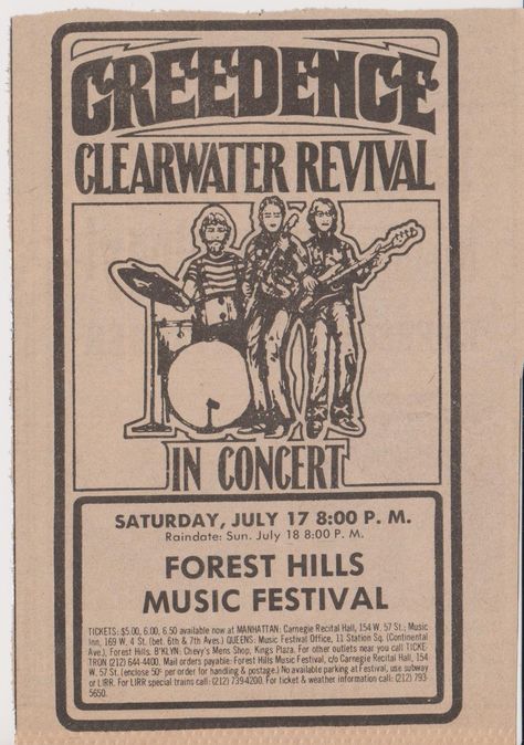 Creedence Clearwater Revival at Forest Hills Music Festival 1971 Creedance Clear Water Revival, Concert Promotion, Concert Flyers, John Fogerty, Stop The Rain, Vintage Concert Posters, Vintage Music Posters, Classic Music, Creedence Clearwater Revival