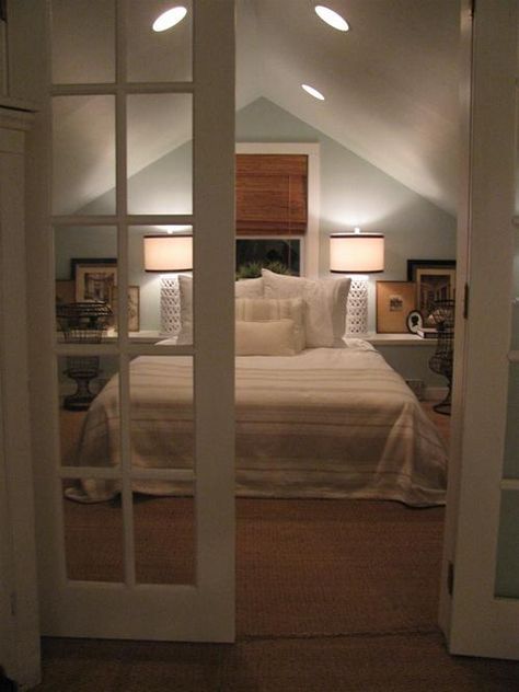 Master attic bedroom, french doors, bamboo shades, blue walls, neutral bedding Small Bedrooms, An Open Door, Attic Bedroom Designs, Finished Attic, Small Attic, Attic Conversion, Attic Space, Attic Design, Attic Bedrooms