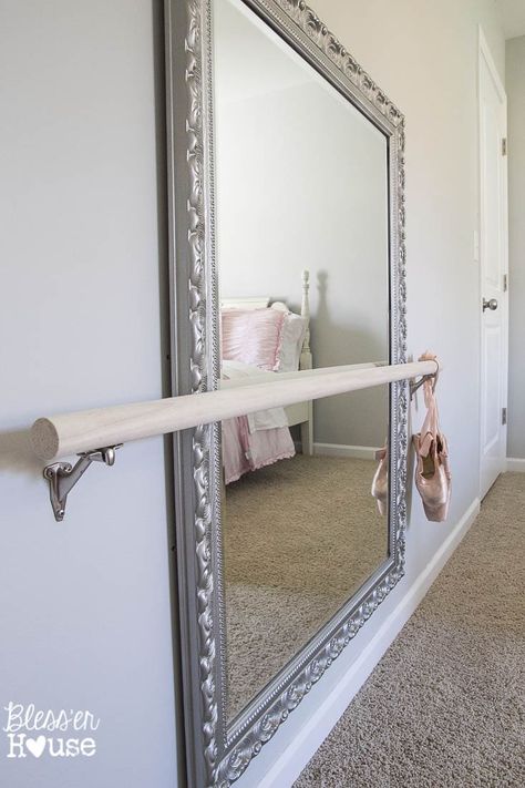DIY Ballet Barre and How to Hang a Heavy Mirror: #diy-projects Home Gym Ballet Bar, At Home Ballet Barre, Ballet Barre At Home, Ballet Bar In Bedroom, Diy Barre Bar, Gym Mirrors Diy, Home Gym Mirrors Diy, Diy Ballet Barre, Home Ballet Studio