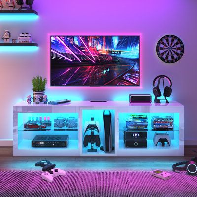 Wood Tv Stands, Gaming Entertainment Center, 65 Inch Tv, Tv Stand With Led Lights, Credenza Wood, Led Tv Stand, Wood Tv, Tempered Glass Shelves, Storage Credenza